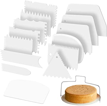 Cake Scraper Cake Smoother Cake Scraper Icing Smoother Set, 14 Pieces Plastic Dough Scraper Cutter and Double Wire Cake Slicer Leveler DIY Cake for Christmas Halloween Birthday Party Supplies