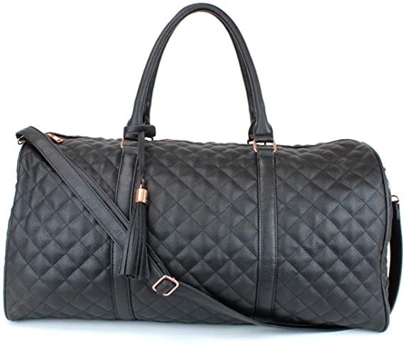 Women's Quilted Leather Weekender Travel Duffel Bag With Rose Gold Hardware - Large 22" Size - Cute Satin Inner Lining - Black