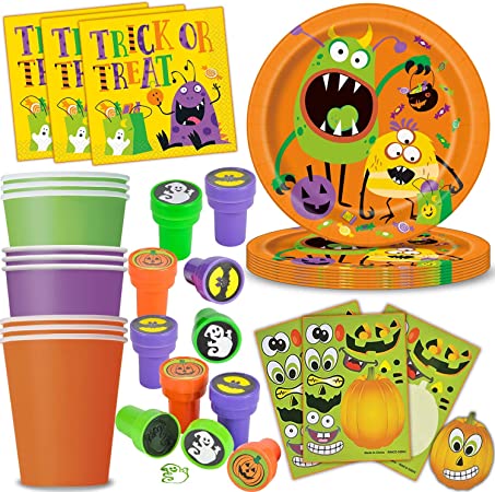 Halloween Party Supplies and Activities for 24 - Paper Plates, Napkins, Cups, Stampers, Build a Jack-O-Lantern Stickers - Great Tableware and Decorations set