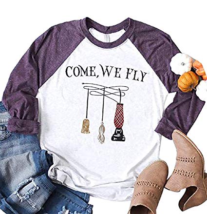BOMYTAO Women Come We Fly Baseball T-Shirt Hocus Pocus Witch Fall Halloween Sanderson Sisters 3/4 Sleeve O-Neck Tees