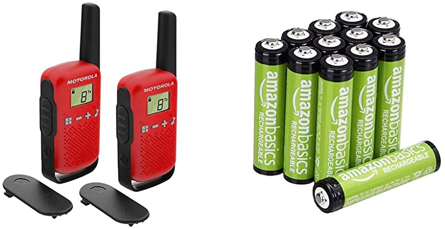 Motorola T42 Talkabout PMR446 2-Way Walkie Talkie Portable Radio’s (Pack of 2) – Red & Amazon Basics AAA Rechargeable Batteries, Pre-charged - Pack of 12 (Appearance may vary)