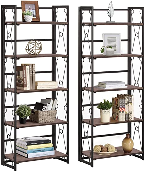 VECELO 5 Tier Bookshelf Set of 2 Industrial Folding Bookcase with Metal Frames,Modern Standing Storage Rack Shelf Organizer for Home and Office, 2 Set, Brown