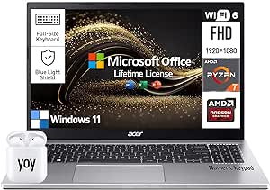 Acer Aspire 3 15 Laptop Computer, 15.6 Inch FHD Notebook PC, AMD Ryzen 7 8-Cores, 32GB RAM 1TB SSD, Windows 11, Lifetime Microsoft Office, 10 key Numeric Keyboard, Ethernet Port HDMI Webcam WiFi USB-C