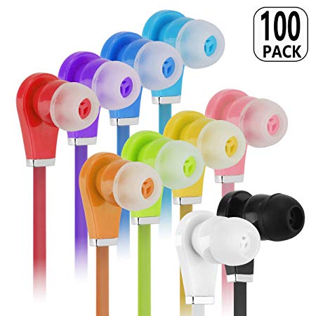 Bulk Earbuds with Microphone - Wholesale 100 Pack Earphones Noodle Headphone with Mic Multi Colored Ear Buds Bulk for School Classroom Students Kids and Adult (100Pack, Mix10Colors)