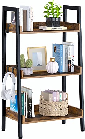 Rolanstar Ladder Bookshelf with 3 Hooks, 3 Tier Ladder Shelf, Industrial Bookcases, Freestanding Display Plant Shelves with Metal Frame for Living Room, Small Space, Rustic Brown