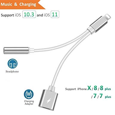 2 in 1 Jack Headphones Adapter and Charging Adapter,Adapter to 3.5mm Aux Headphone Jack Audio Adapter for IP 7/8/X/7 Plus/8 Plus Support iOS 10.3 and iOS 11 (Silver)