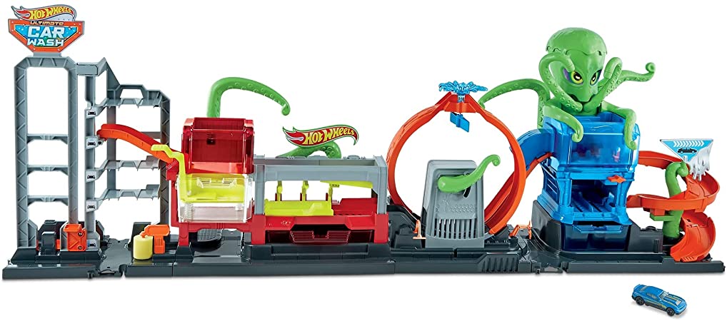 Hot Wheels City Ultimate Octo Car Wash Playset with No-Spill Water Tanks & 1 Color Reveal Car That Transforms with Water, 4  ft Long, Connects to Other Sets, Gift for Kids 4 Years Old & Up