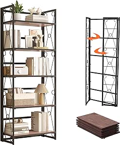 VECELO Bookshelf, 5 Shelf Folding Bookcase No Assembly, Industrial Metal Frame Shelves Rack Organizer for Living Room, Office,Light Walnut 1 Set