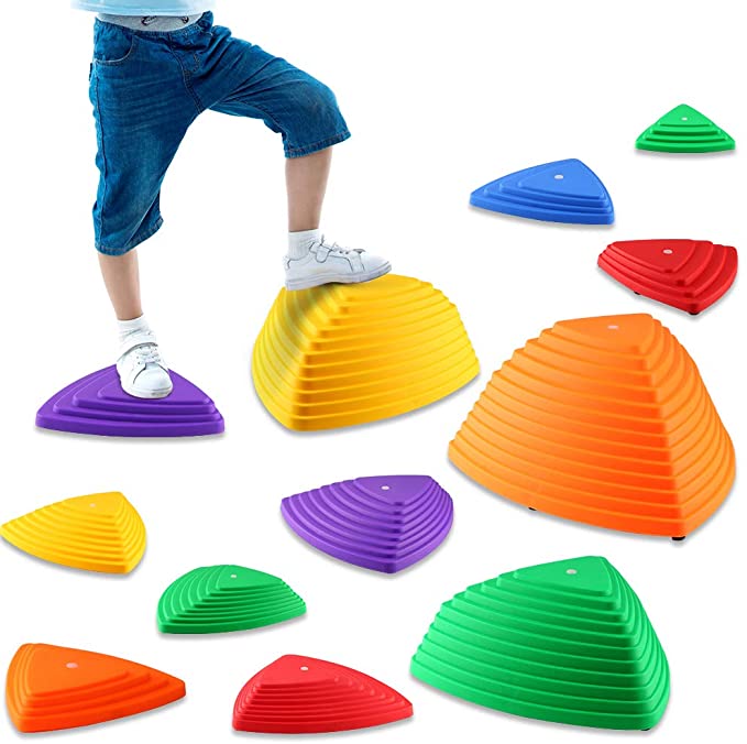 IROO 12 PCS Balance Stepping Stones Set for Kids Play Indoor and Outdoor, Non-Slip Colorful Stones Toys for Coordination and Gross Motor Development, Unique Birthday