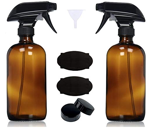 Empty Amber Glass Spray Bottles with Sprayers, Labels and Funnel (2 Pack) - 16oz Refillable Container for Essential Oils, Cleaning Products, or Aromatherapy (2 pack w/Sprayer)