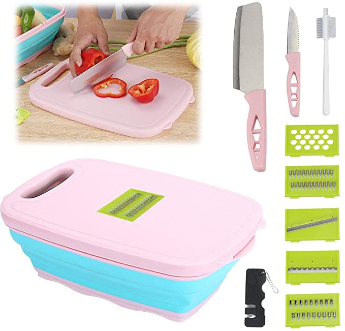 Cutting Board For Kitchen, 9 In-1 Multi-Functional Collapsible Cutting Board Washing Basin Fruit Vegetable Draining Basket with Slicer, Julienne Grater, Potato Grid, Kitchen Knives, Knife Sharpener,Cleaning Brush