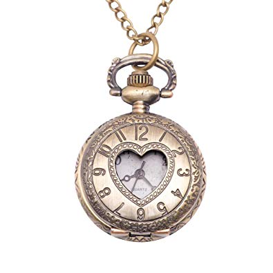 81stgeneration Women's Brass Vintage Style Love Heart Pocket Watch Chain Pendant Necklace, 78 cm
