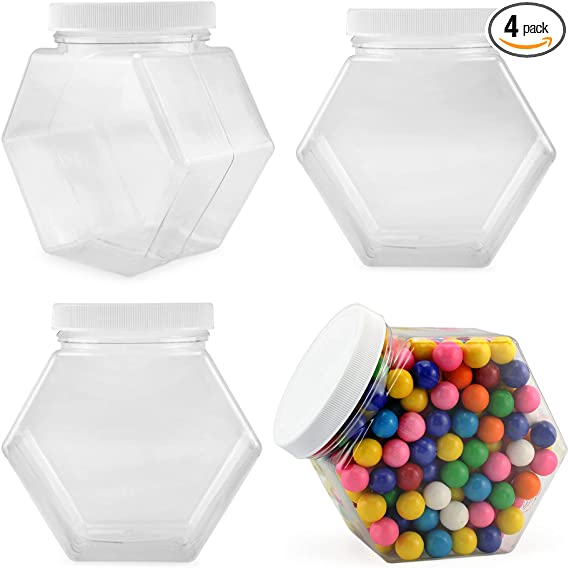 Cornucopia Plastic Hexagon Shaped Jars (4-Pack, 30oz); Value-Pack of Containers for Candy, Snacks, Gifts and Storage, 2 1/2 Cup Capacity, 5 x 5 x 3 Inches Size