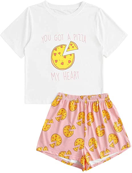 DIDK Women's Cute Cartoon Print Tee and Shorts Pajama Set