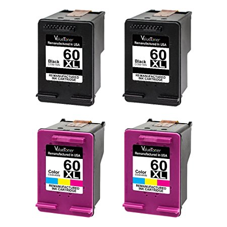 Valuetoner Remanufactured Ink Cartridge Replacement For Hewlett Packard HP 60XL High Yield CC641WN CC644WN (2 Black, 2 Tri-Color) 4 Pack