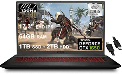 2020 MSI GF75 Thin Gaming Laptop 17.3" FHD 120Hz IPS Display 10th Gen Intel Core i5-10300H(&gt;i7-8750H) 64GB RAM 1TB PCIe SSD   2TB HDD GeForce GTX 1650 4GB, Backlit Win 10   iCarp HDMI Cable