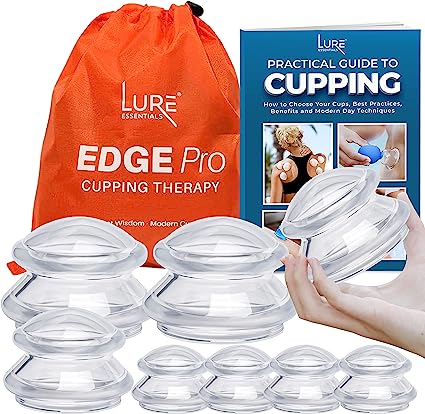LURE Essentials Edge Cupping Therapy Set - 8 Cups, Silicone Cupping Set for Lymphatic Massage, Cellulite Reduction, Cups for Cupping (8 Cups - 2L, 2M, 4S, e-Book)