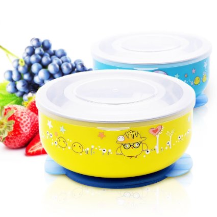 Baby Mate 2 PCS Detachable Double Layer Stay Put Suction Bowls with Lids (12oz/350ml, Blue & Yellow) - Stainless Steel Feeding Set for Kids - Anti-Scald Suction Bowls for Toddlers - Baby Shower Gifts