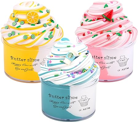 Keemanman Butter Slime Kit 3 Pack with Watermelon, Latte and lemon Charms, Cool Preppy Stuff, Cute Stress Relief Toys and Birthday Gifts Ideas for Girls and Boys, Scented Aesthetic Stuff for Kids