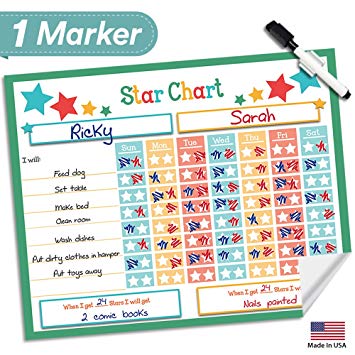 Dry Erase Reward Chore Chart - 16" x 13" - Multiple Children Behavior Incentive Star Charts - Kids Responsibility To Do List - Reusable Toddler Home & Classroom Teaching Resource (Green)