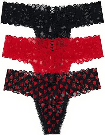 Victoria's Secret The Lacie Thong Panty Set of 3 Medium Black Cross / Red Cross / Black Hearts