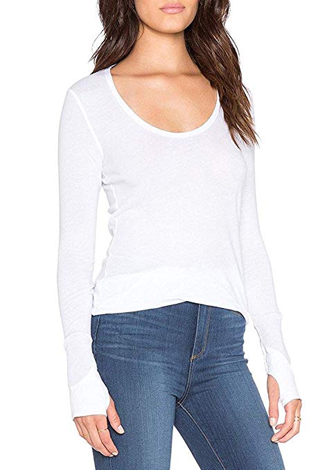 Ssyiz Women's Workout Yoga Long Sleeve Tee Loose Plain Scoop Neck Long T-Shirts with Thumb Holes