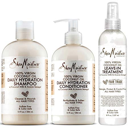 Shea Moisture 100% Virgin Coconut Oil Trio Set | Daily Hydration Conditioner 13 Ounce, Daily Hydration Shampoo 13 Ounce & Leave-in Treatment 8 Ounce