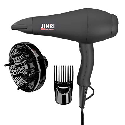 1875W Professional Hair Dryer, Jinri 3 Minute Fast Drying Infrared Blow Dryer with Diffuser & Comb & Concentrator, Negative Ionic Salon Hairdryer AC Motor with 2 Speed and 3 Heat Setting Black