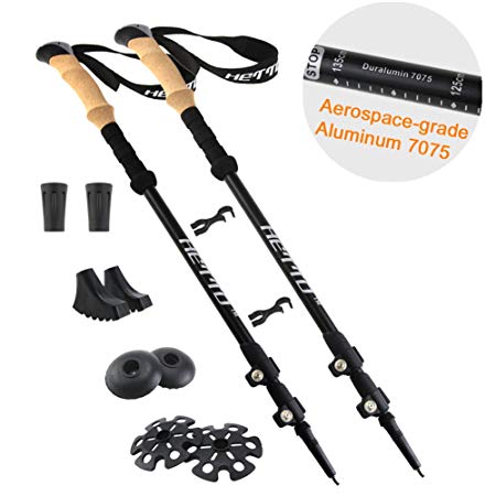 Hetto 1 Pair 7075 Aluminum/Carbon Fiber Hiking Poles Collapsible Hiking Stick Adjustable Trekking Poles Lightweight 4 Different Accessories Walking Stick Walking Poles for Men and for Women