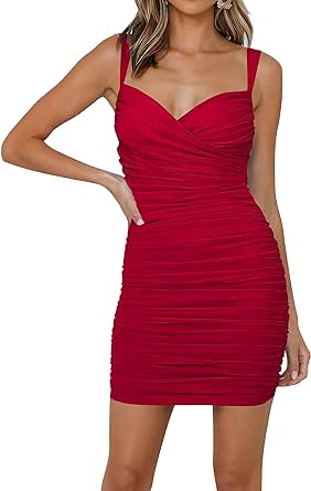 MASCOMODA Women's Summer Spaghetti Strap Ruched Mini Bodycon Dress 2024 Short Sexy V Neck Wedding Guest Club Cocktail Dress