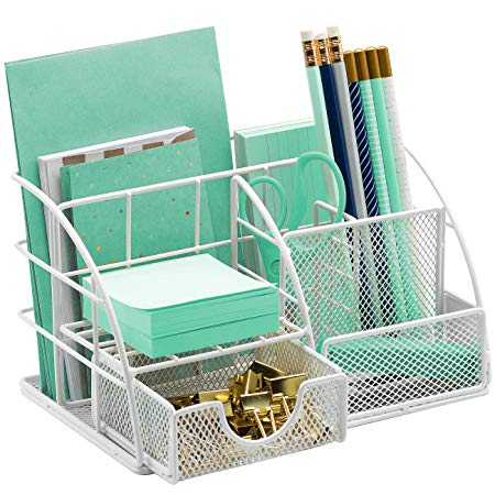 Sorbus Desk Organizer, All-in-One Stylish Mesh Desktop Caddy Includes Pen/Pencil Holder, Mail Organizer, and Sliding Drawer, Great for Home or Office (All-in-One Caddy - White)