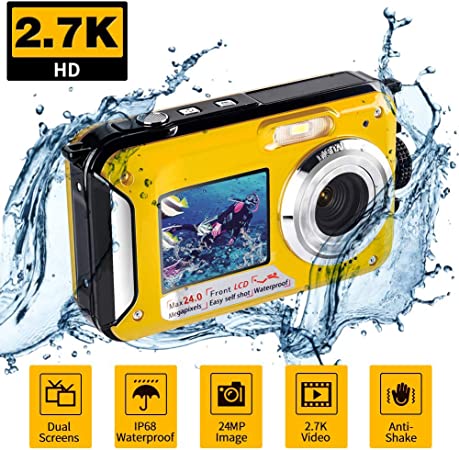 Underwater Camera for Snorkeling, Waterproof 2.7K 48MP Digital Camera, HD Rechargeable Camera with Dual Screen for Camping, Underwater, Swiming, Underwater Camera (Yellow)
