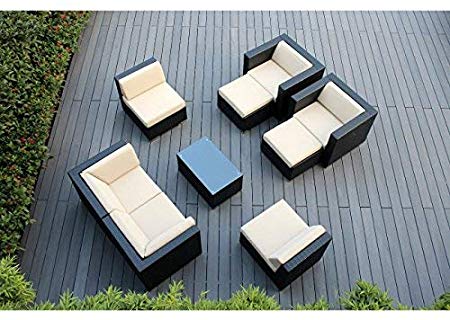 Ohana 9-Piece Outdoor Patio Furniture Sectional Conversation Set, Black Wicker with Beige Cushions - No Assembly with Free Patio Cover