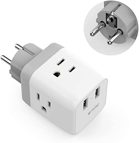 TROND 5-in-1 Schuko European Travel Plug Adapter with 2 USB Ports, 3 American Outlets, for Canada to Germany France Iceland Spain Russia, Type E/F