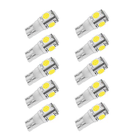 Super Bright 194 T10 W5W LED Bulbs 2825 158 192 168 12v 5-SMD 5050 Chipsets RV Bulbs License Plate Dome Map Lights bulbs White 6000k(pack of 10)