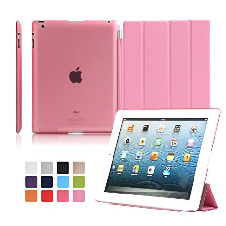Dowswin iPad 2 Case, iPad 3 Case, iPad 4 Case, Foldable Protective PU Leather Case Front Case with Sleep Wake Up Function and Transparent Hard Back Cover for iPad 2/3/4(Pink)