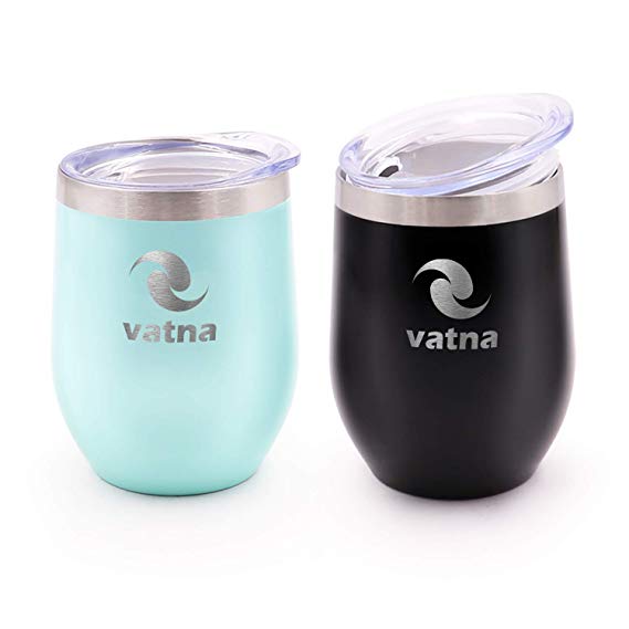 Vatna 12 oz Double-Insulated Stemless Glass Wine Tumbler, Stainless Steel Tumbler Cup with Lids for Cold & Hot Coffee, Drinks, Champagne, Cocktails (2Pack)