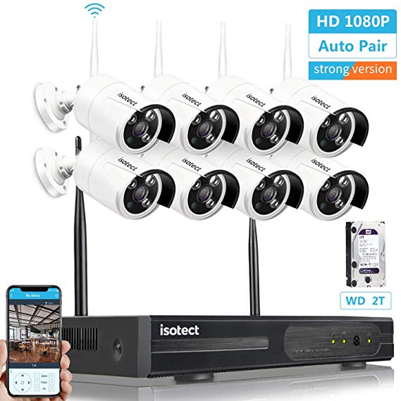 [Newest Strong Version WiFi] Wireless Security Camera System, ISOTECT 8CH Full HD 1080P Video Security System, 8pcs Outdoor/Indoor IP Security Cameras, 65ft Night Vision and Easy Remote View, 2TB HDD