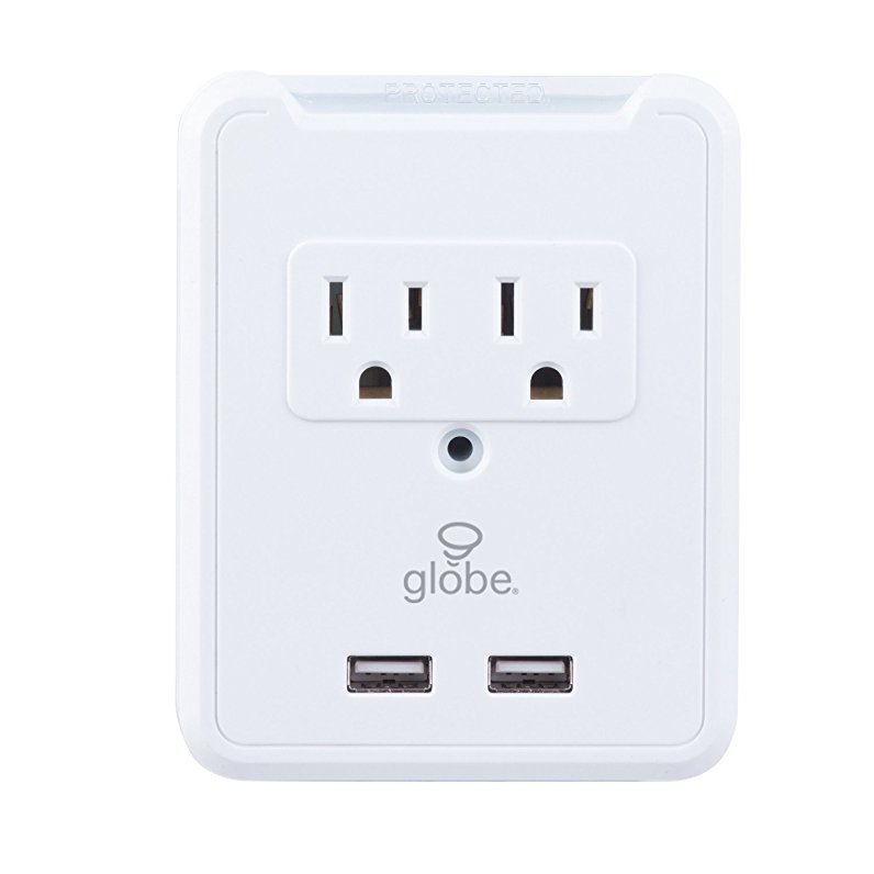 Globe Electric 2-Outlet Charging Station Surge Protector Wall Tap, 2X USB Ports, Phone Holder, Finish, 78079, White