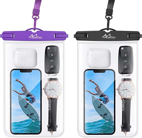 MoKo Waterproof Phone Pouch [2 Pack], 9.45" x 5.71" IPX8 Waterproof Phone Case Bag Dry Bag Compatible with iPhone 13 Mini/12 Pro/11 Pro Max X/Xr/Xs, SE 3/2, Galaxy S22/S21, Note 10/9/8, Black & Purple