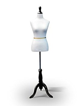 White Female Dress Form on Black Tripod Wooden Base Size 2-4 Small 33" 24" 34"