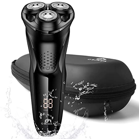 OriHea Electric Shaver for Men Rotary Razors 3D Rechargeable Beard Trimmer Face Razors Wet & Dry Cordless 100% Waterproof IPX7 with Pop-up Trimmer & Nose Haire and Protective Case - Black