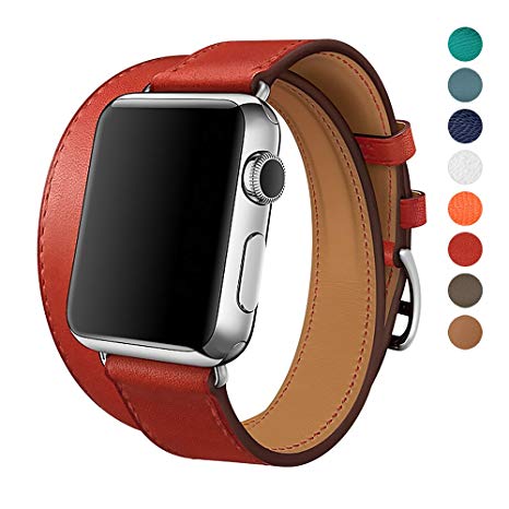 WAfeel Compatible for IWatch Band 38/42mm Leather Double Tour iwatch Strap Replacement Band with Stainless Steel Adpter Clasp for iPhone Watch Series 3 Series 2 Series 1,Sport Edition,Men (Red, 38mm)