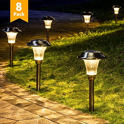 GIGALUMI 8 Pack Solar Pathway Lights, Solar Pathway Lights Outdoor Warm White, Waterproof Glass Stainless Steel Automatic Solar Landscape Lights for Patio, Yard, Lawn, Garden and Path (Silver Finish）
