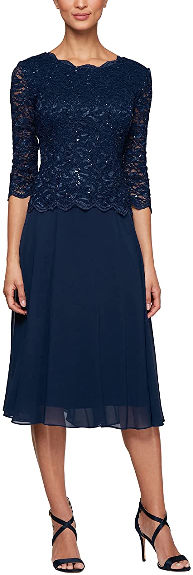 Alex Evenings Women's Plus Size Tea Length Lace Mock Dress