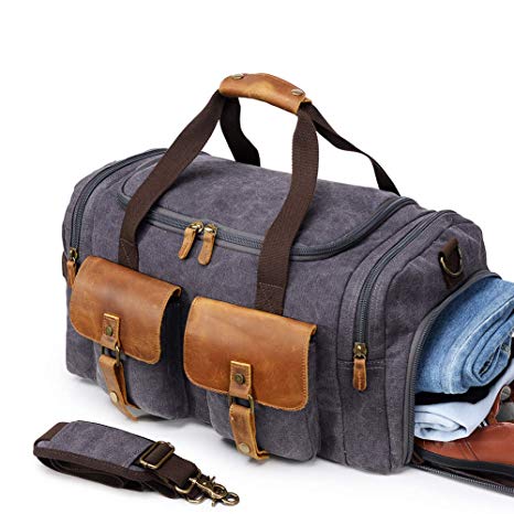 Kemy's Canvas Duffle Bag Men Travel Overnight Bags Oversized Weekender Duffel Genuine Leather Weekend Shoulder Tote Carry On Luggage with Shoe Compartment Airplanes, Large, Grey