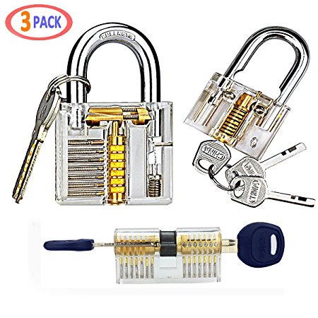 3-Pack Practice Training Lock Set for Locksmith Beginner - Transparent Cutaway Crystal Keyed Padlock / Clear Lock Picking Practice Tools by Baleauty