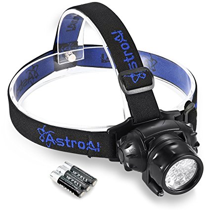 AstroAI LED Headlamp, 4 Modes Headlight, Battery Powered Helmet Light for Camping, Running, Hiking and Reading, 3 AAA Batteries Included