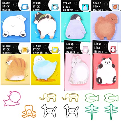 8 Pieces Animal Sticky Notes Cute Cartoon Animal Self-Stick Notes Memo Pads with 10 Pieces Animal Shaped Paper Clips for Kids Students Teachers School Office Supplies