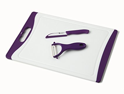 CYBER BLOW OUT SALE Chef Made Easy Large Plastic Cutting Board (Purple) with Drip Groove Includes Free Bonus Ceramic Peeler and 3" Ceramic Paring Knife - Non-slip and Stain-resistant